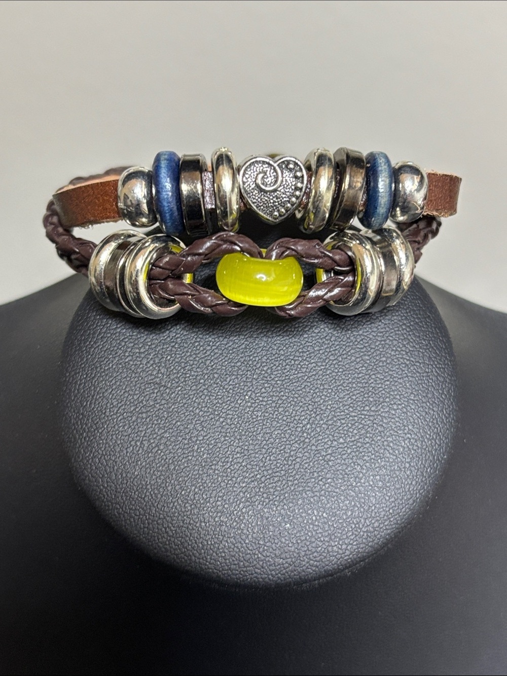 Brown Braided Leather Bracelet with Yellow Heart Beaded Silver Accents Boho